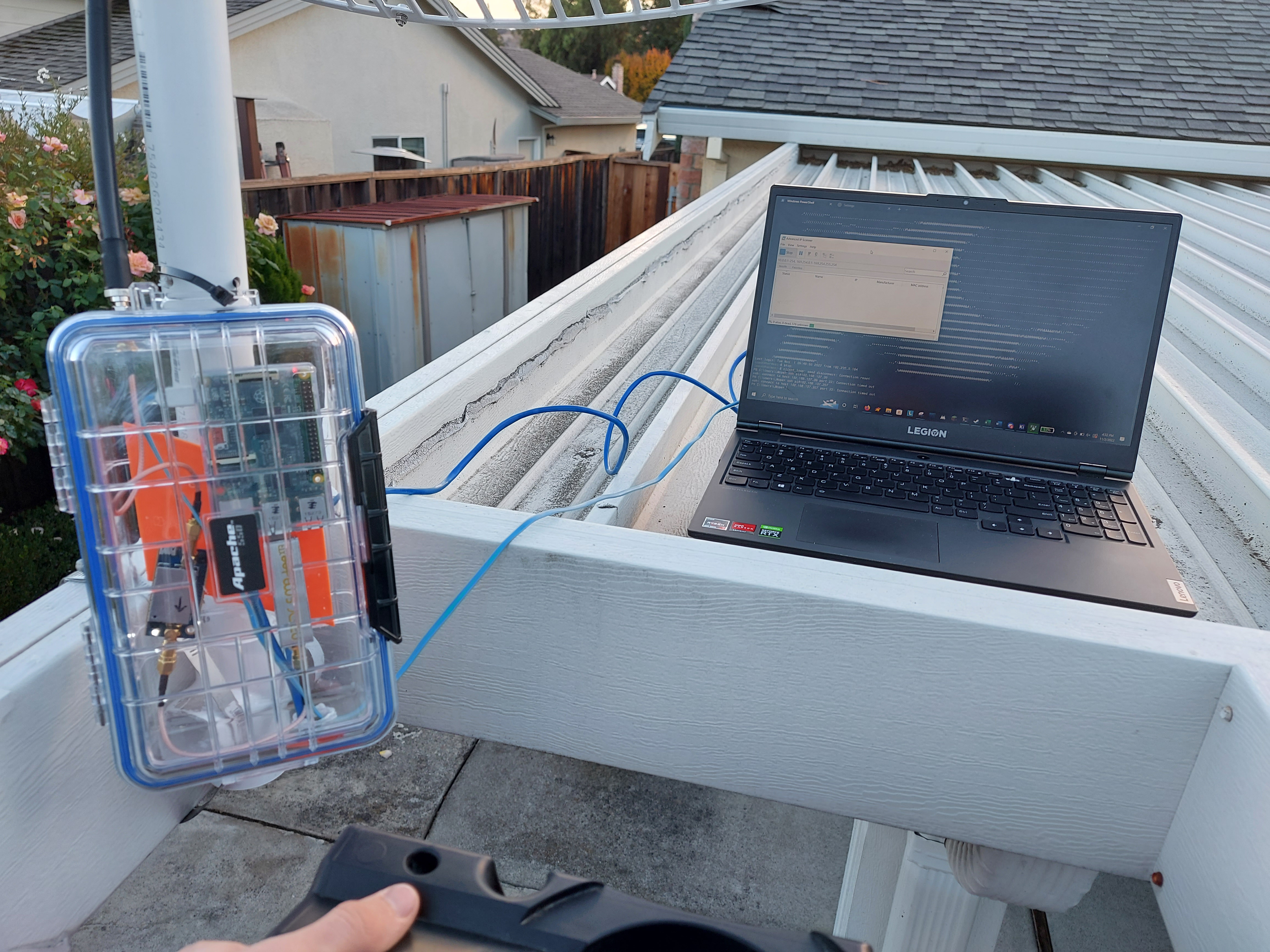 GOES RPI test setup on roof with laptop